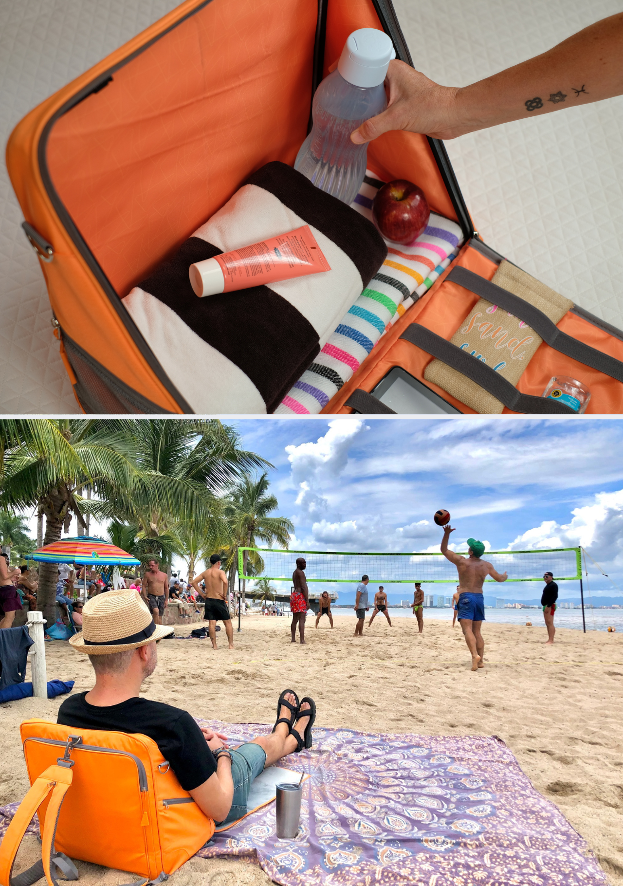 Two photos: top photo shows Playamigo ground chair packed for a day at the pool or beach. Bottom photo shows a man in a hat watching a sand volleyball game while using his Playamigo beach chair.